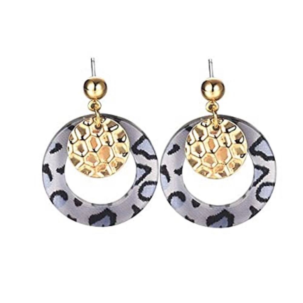 Gold Disc with Cheetah Acrylic Drop Circle Earrings NEW